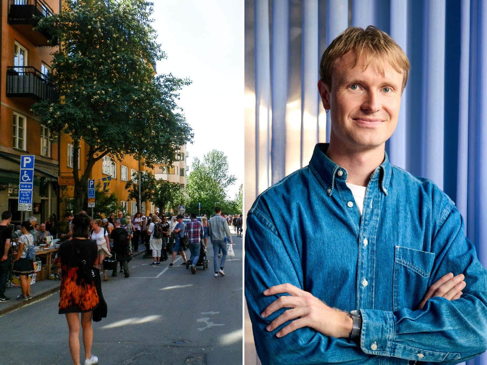 Porträtt av Frans Elinder från Stockholms Handelskammare och en sommargågata i Stockholm där människor promenerar och besöker uteserveringar.