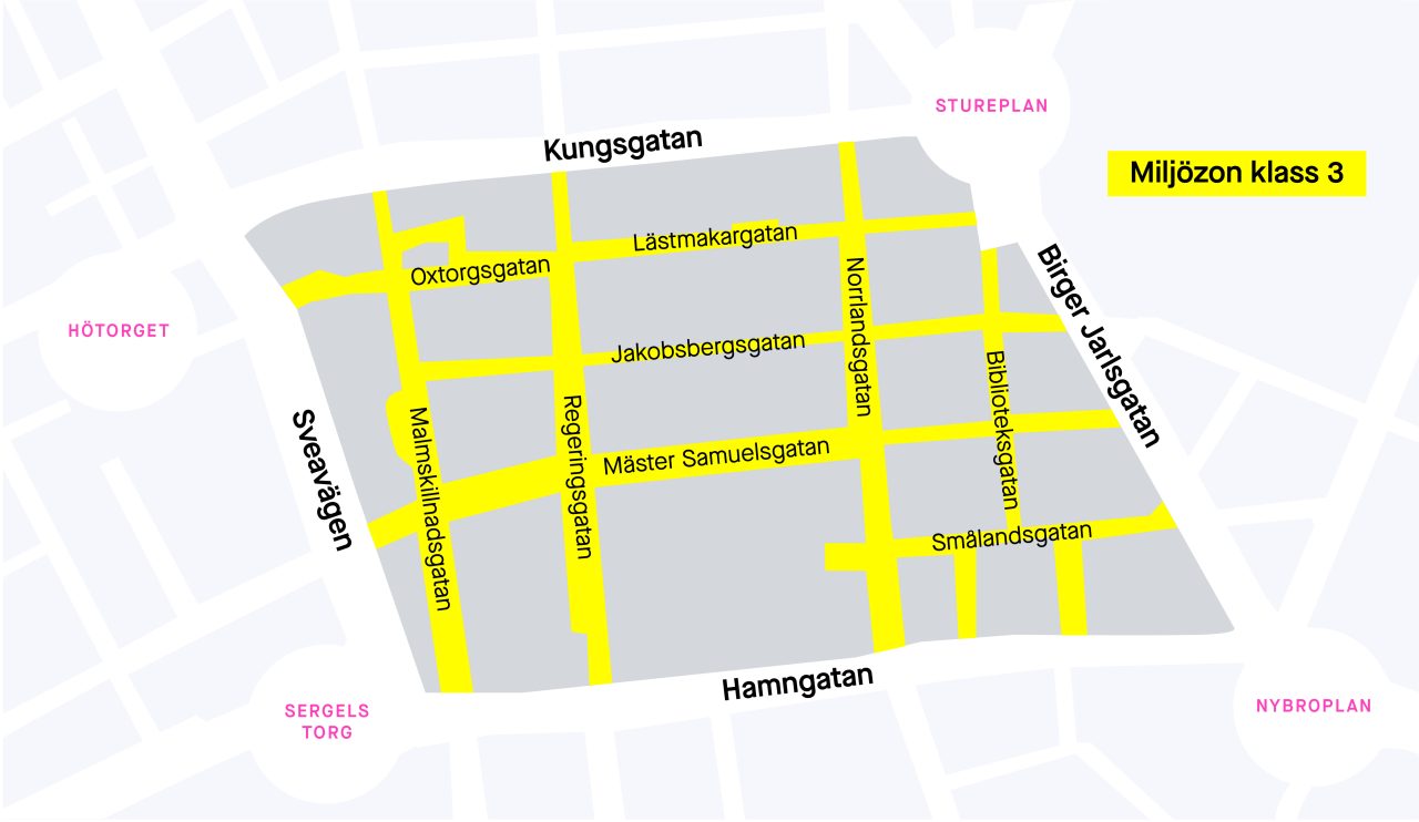 Detaljerad karta över Stockholms innerstad med markerade gator inom planerad miljözon klass 3