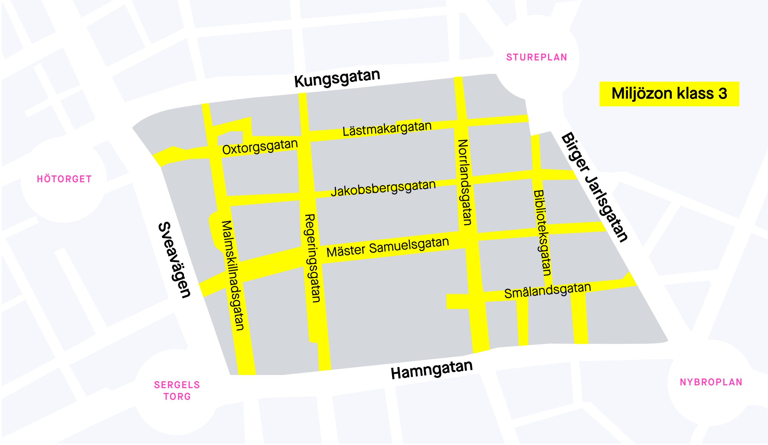 Detaljerad karta över Stockholms innerstad med markerade gator inom planerad miljözon klass 3