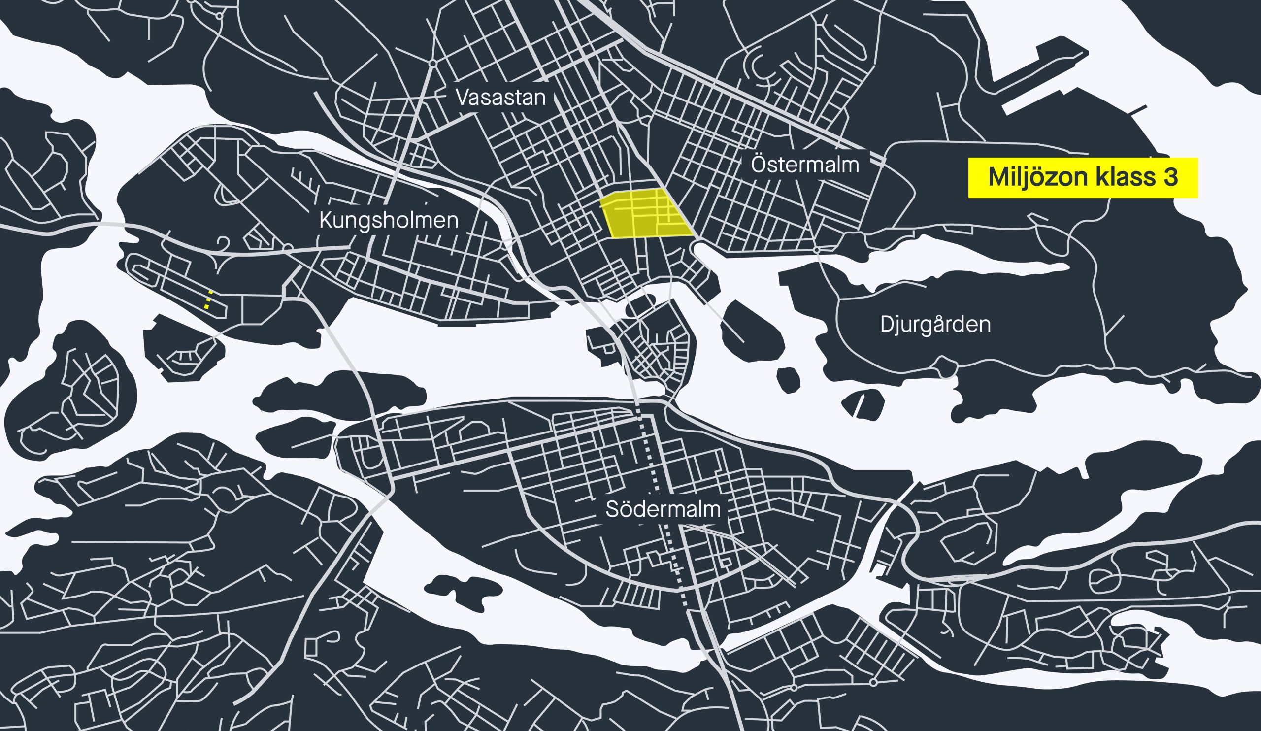 Karta över centrala Stockholm som visar området där miljözon klass 3 föreslås införas