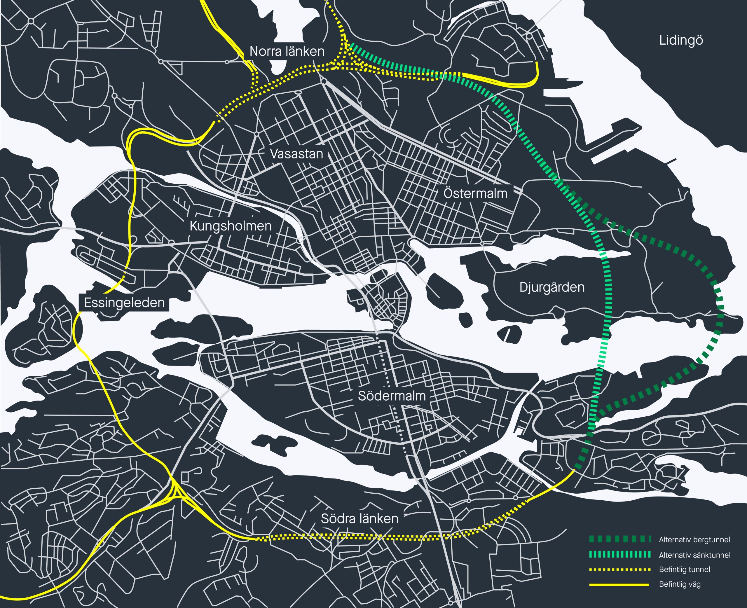 Karta över Stockholm som visar hur Östlig förbindelse skulle knyta ihop stadens ringled