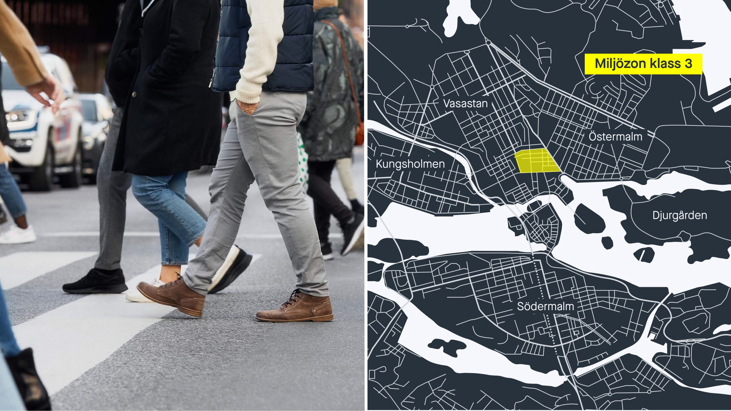 Illustration som visar fotgängare i Stockholms city och kartan över den planerade miljözonen klass 3 mellan Kungsgatan, Birger Jarlsgatan, Hamngatan och Sveavägen.