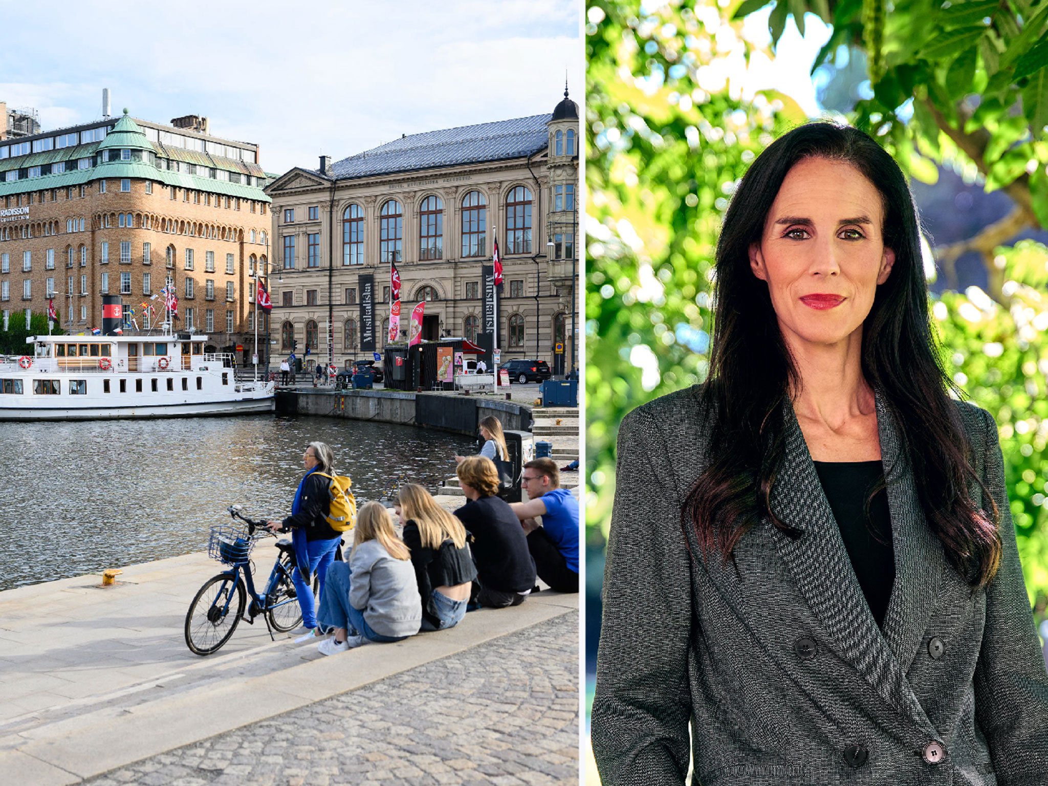 Vy över Stockholm vid Nybrokajen samt porträtt av Daniella Waldfogel, vd på Stockholms Handelskammare.