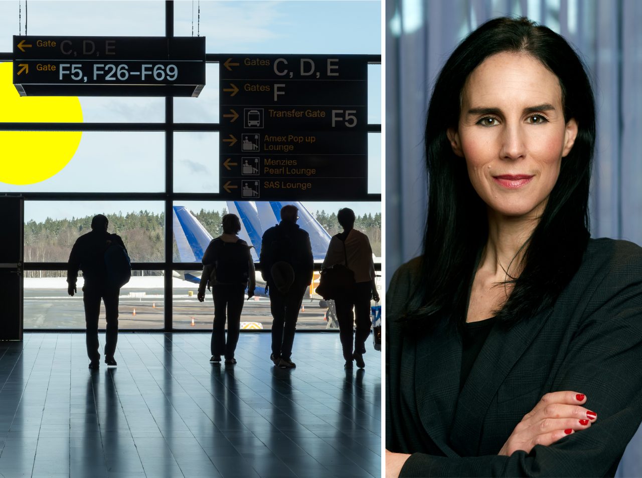 Resenärer i en avgångshall på en flygplats och Daniella Waldfogel, vd på Stockholms Handelskammare.